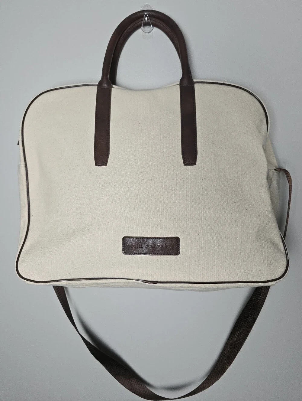John Varvatos Canvas Crossbody Messenger Travel Bag Cream Mens